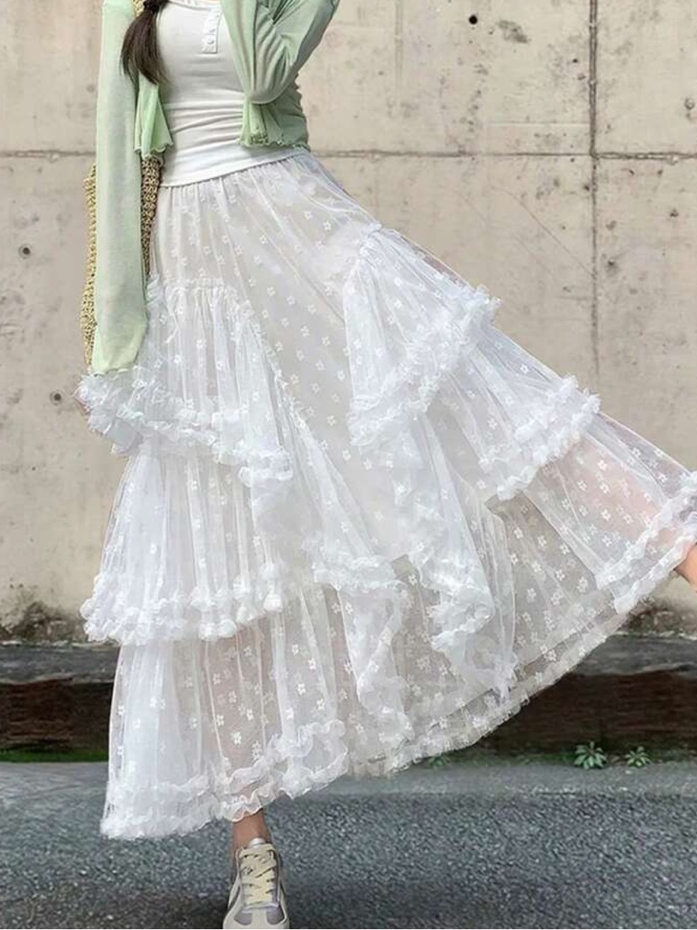 White Floral Lace Tiered Tulle Maxi Skirt - Elegant Romantic Style